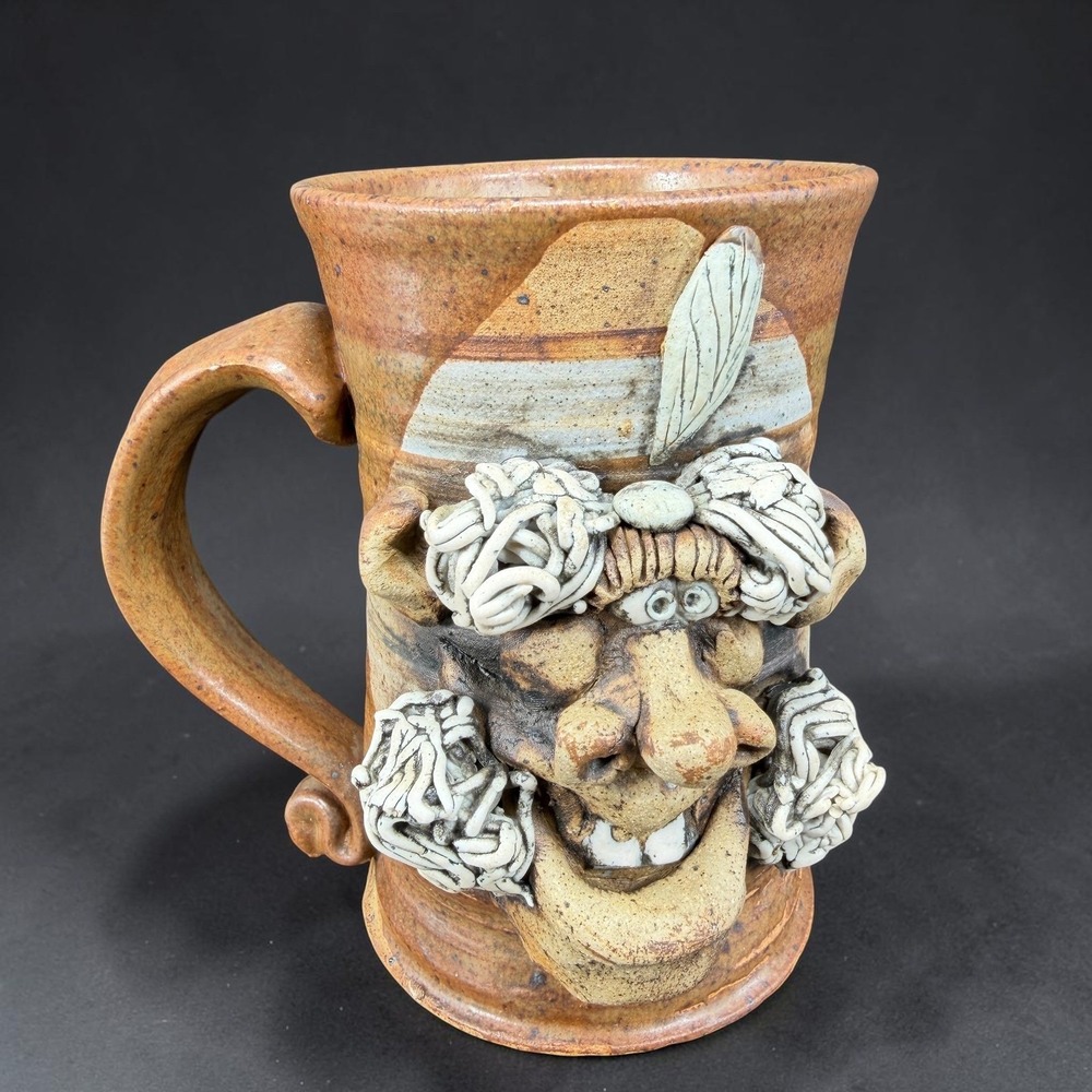 Studio Pottery Face Mug Handcrafted Stoneware Folk Art Character Coffee Cup